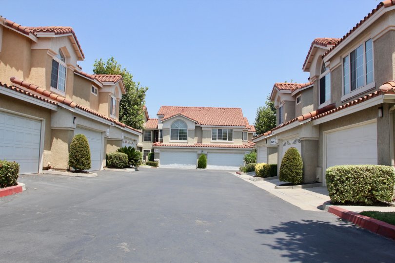 A clear blue sky sits above a townhouse complex name Cortina.