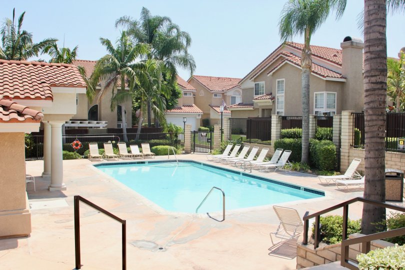 Apartment with swimming pool in Corona CA. Sunny day with palm trees.