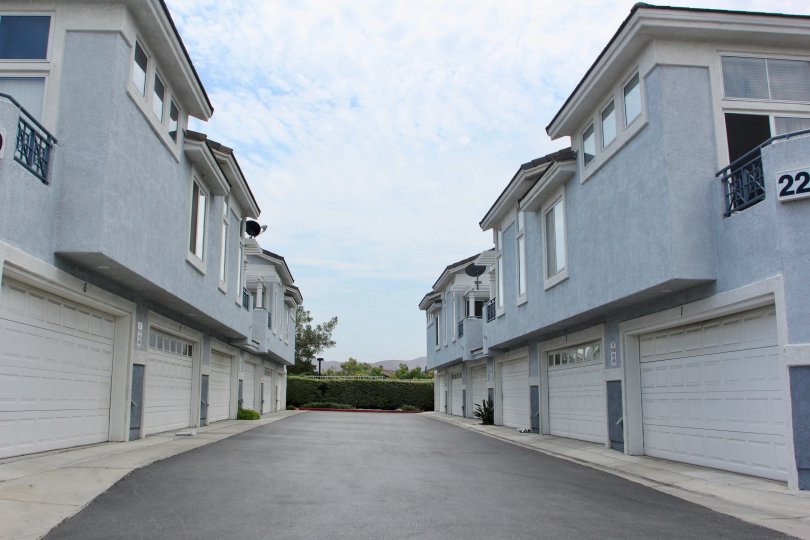 A gray driveway sits between two large apartment complexes inside Laing's first edition.