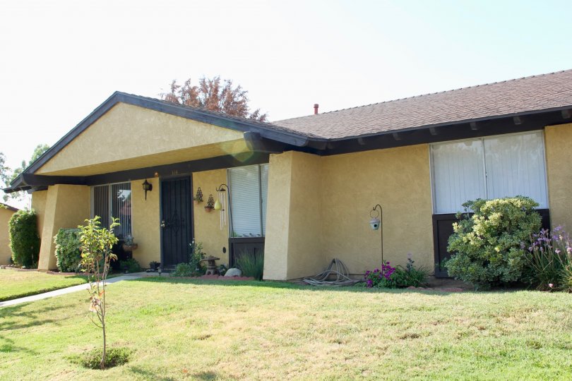 yellow walls, brown roofs of Pepper Tree Villas community, hemet, California