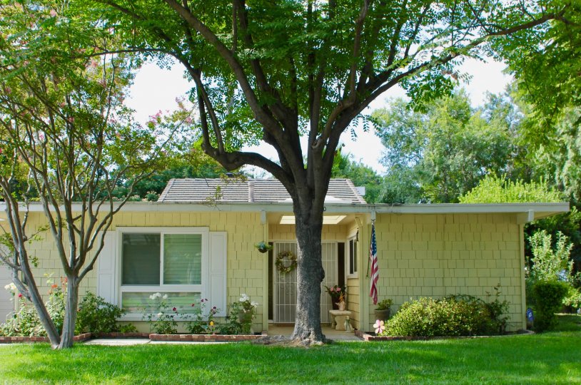 Cozy yellow house with bright green lawn at Arroyo Viejo II