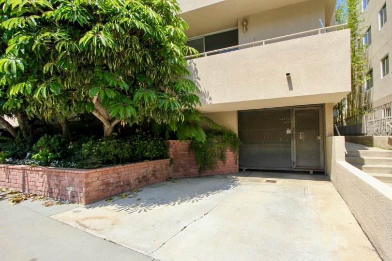 A gated entrance underneath a balcony next to a tree at Concept 84.