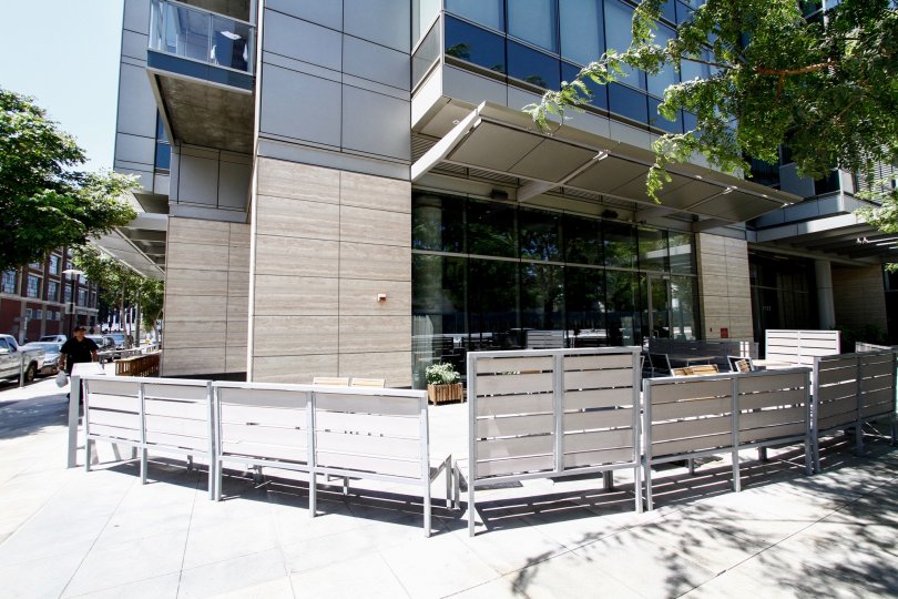 The benches in front of Evo in Downtown LA
