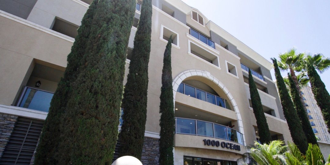 Front of 1000 Ocean is stack stone on first floor and stucco on upper floors