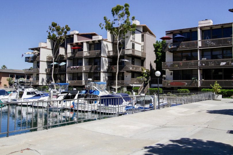 Boats are docked outside the Marina Pacifica