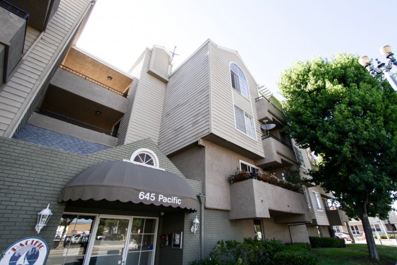 The Pacific Shores building is made of Stucco and wood siding