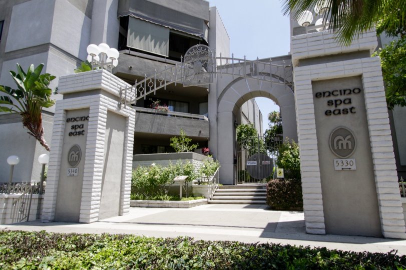 The stone pillars welcoming bypassers to the Encino Spa East in Encino