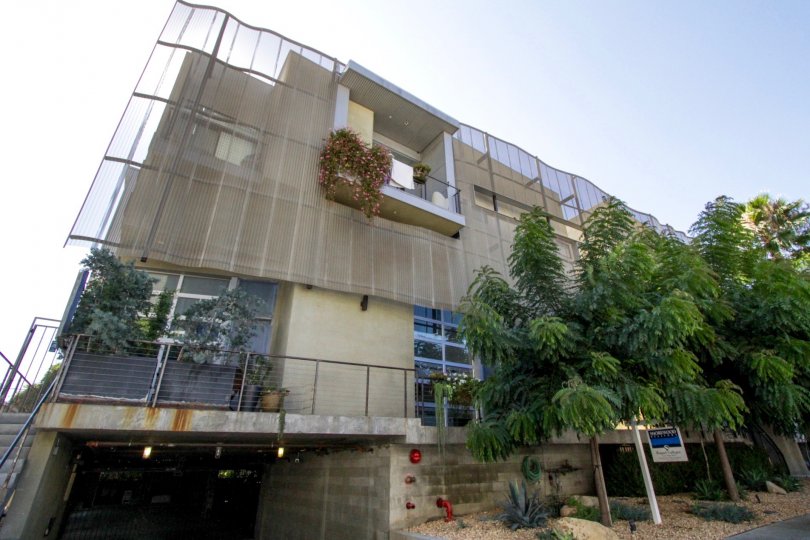 A large planter landscaped with trees and bushes greats Gordon Lofts residents