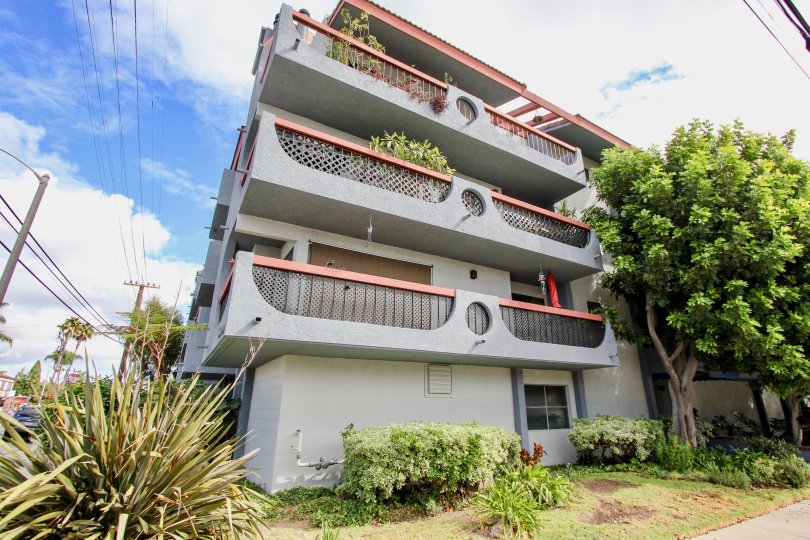 Balconies on one side of an apartment building that is located in Loma Linda, Long Beach, California.