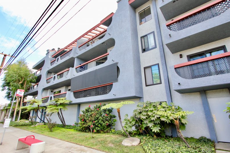 A view of the balconies on an apartment building in Loma Linda, Long Beach, California.