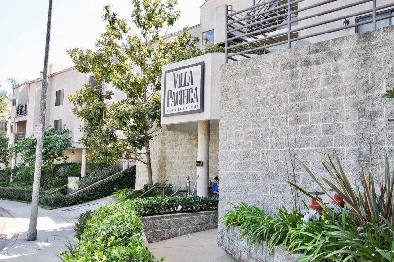 The Villa Pacifica name on the building in Long Beach, California
