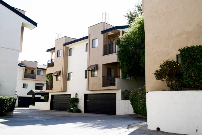 The parking garages for residents of College Court Townhomes