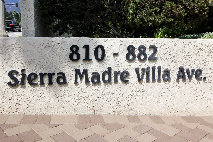 The sign and address for Sierra Madre Villa Ave in Pasadena, California