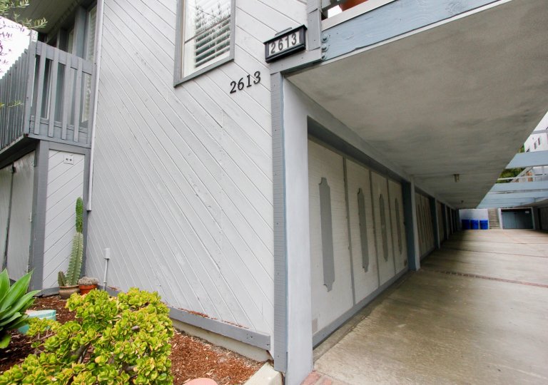 Side of a grey home and porch in Ocean Park Plaza in Santa Monica