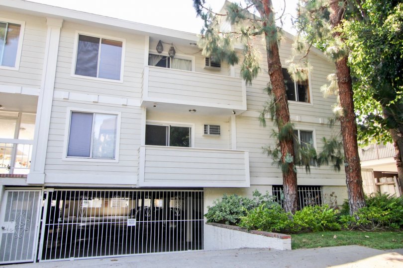 About 30 feet trees planted at the right side of A cream colored block of flats with gated underground parking at Granville Villas in West LA California
