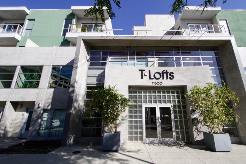 The sign and address over the entrance of T Lofts of West LA