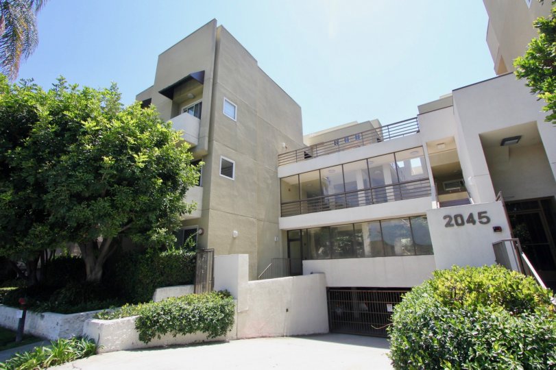 Green plants are planted at both sides of the entrance of the in West LA California