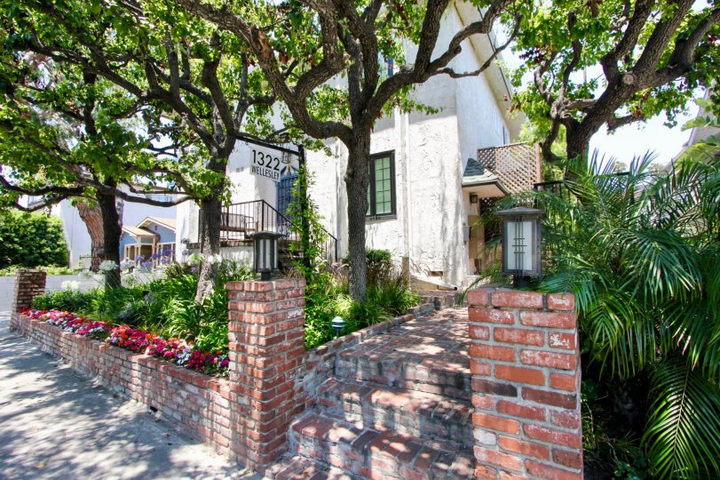 Older white brick and fancy trees create a unique look of curb appeal at this condo
