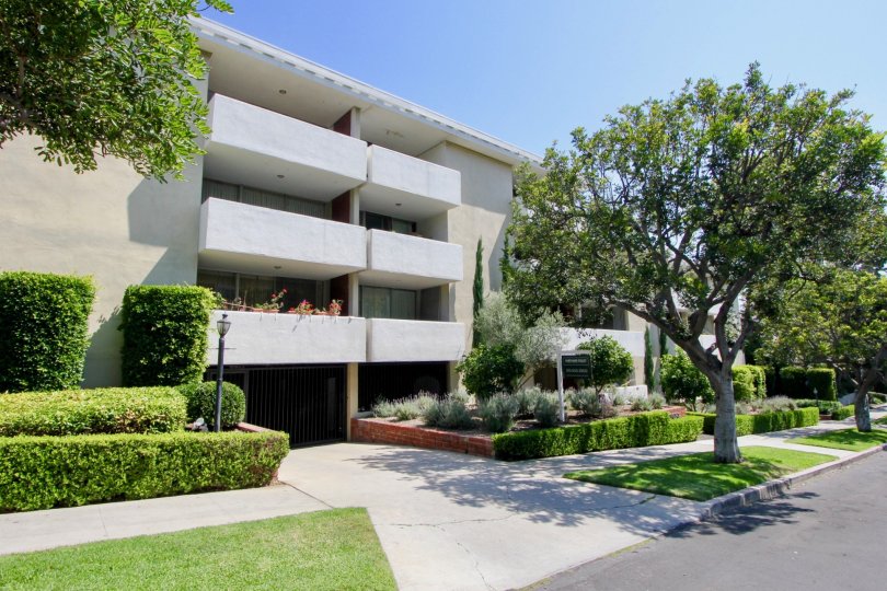 Balconies on a sunny day, with mature trees and well-trimmed hedges in Kinnard Westwood, California
