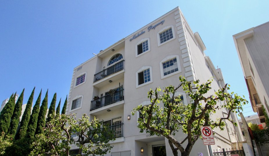 Malcol Regency building with pine trees and a sign board.