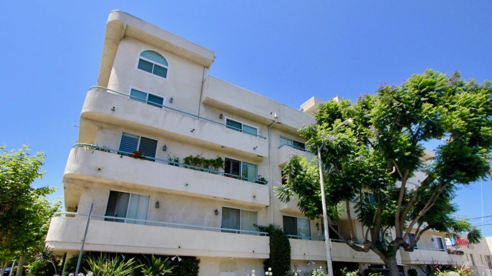 Upward shot of Midvale Court with her clear skies, Westwood, California