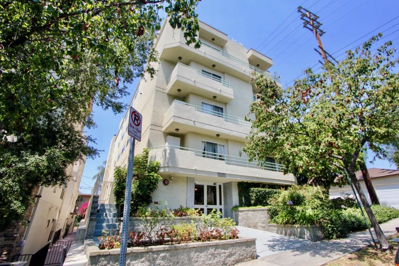 Front exterior view of The Standard in sunny Westwood, California, with plenty of trees, bushes, and a "No Parking" sign for bus stop.