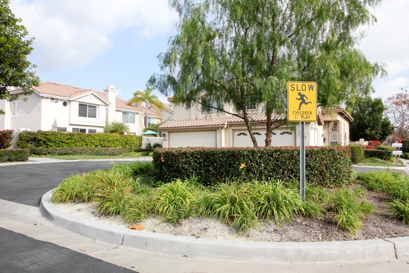Sunny sky with a tree and a Slow sign in the Cantora Community in Aliso Viejo, CA.