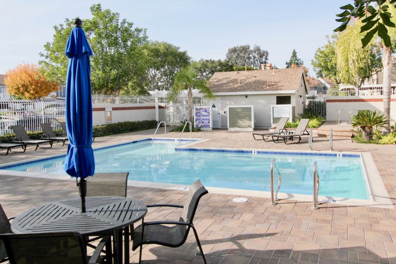 Private fenced-in pool with adjoining change rooms and stamped pattern deck at Morningside