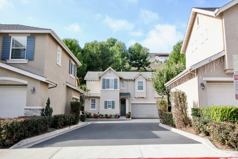 A long and narrow driveway leading through town homes in the Soleil community at Aliso Viejo CA