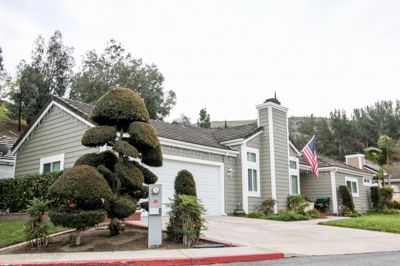 a house with grey colour and a flag on the front and greenery around