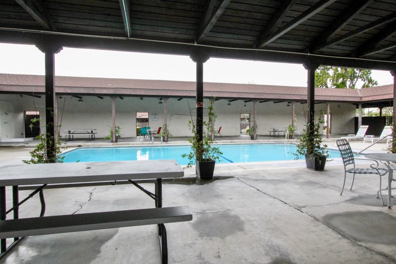 Another side view of the Casa Emperador community pool with covered seating.