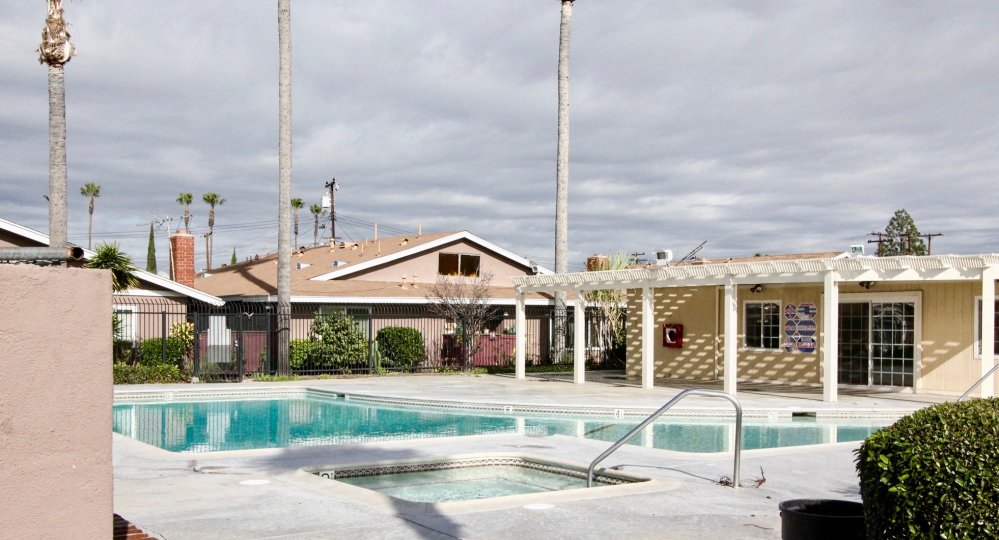 A swimming pool in Westwood Village with big trees.