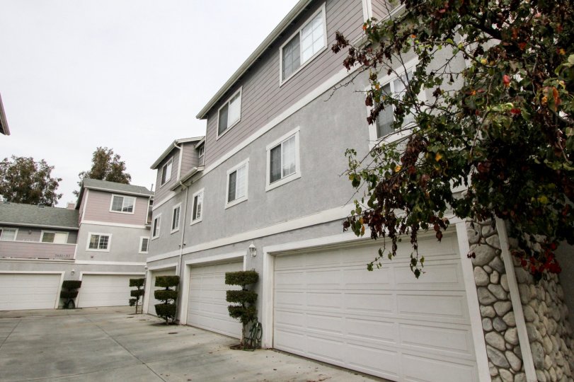 a pleasant day in the western bay estates with a building that has 4 parking door closed and garden in front