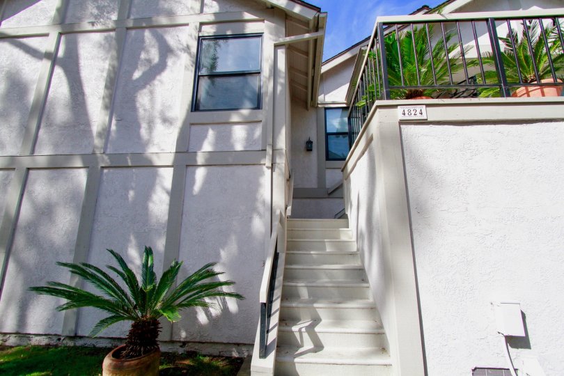 The stairs leading to a unit in Influential Townhomes on a sunny day