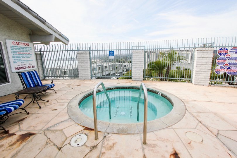a warm day in the dana bluffs with building that has swimming cleaned wated and out gates
