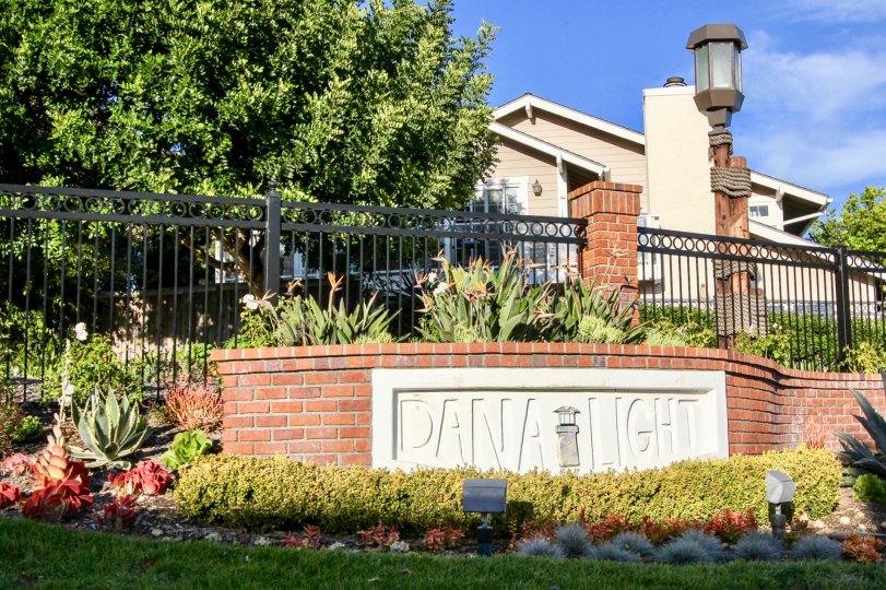 a sunny day in the dana light l with house that has lamp post and garden in left
