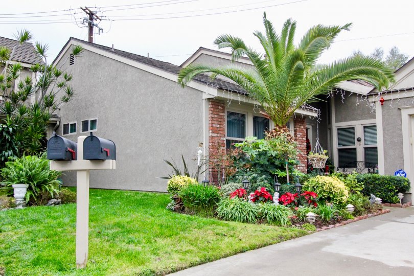 Two postal boxes are placed between the lawn with flowers and plants in Kingsbriar community