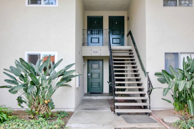 A staircase for a two story building in Casa Del Amo with plant on either side.