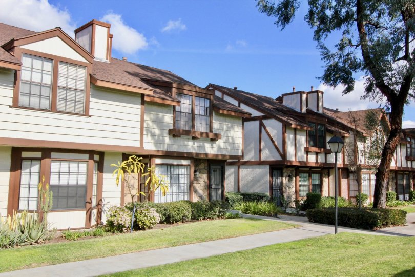 A row of two story apartment buildings in Chelsea Park Estates on a sunny day.