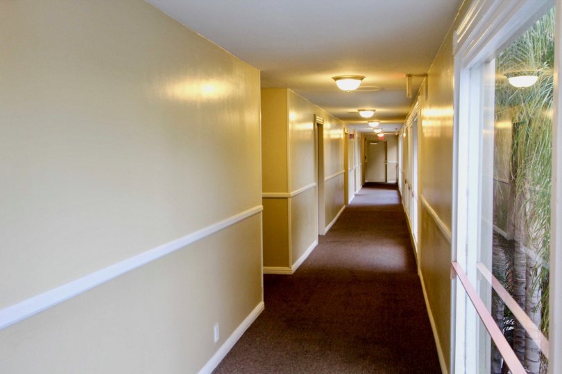A hallway in Club Acadia with yellow walls and carpet.