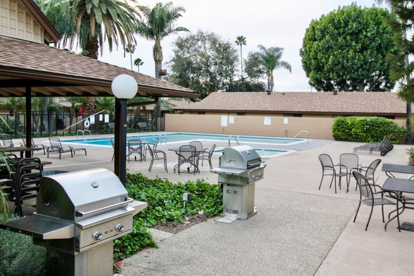 The swimming pool in the Coco Palms with buldings, resting chairs, small ornamental plants, big palm trees and shrubs.