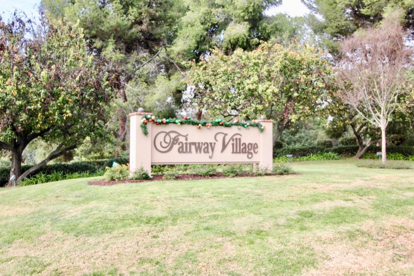A day in the Fairway Village in front of a sign with decorations.