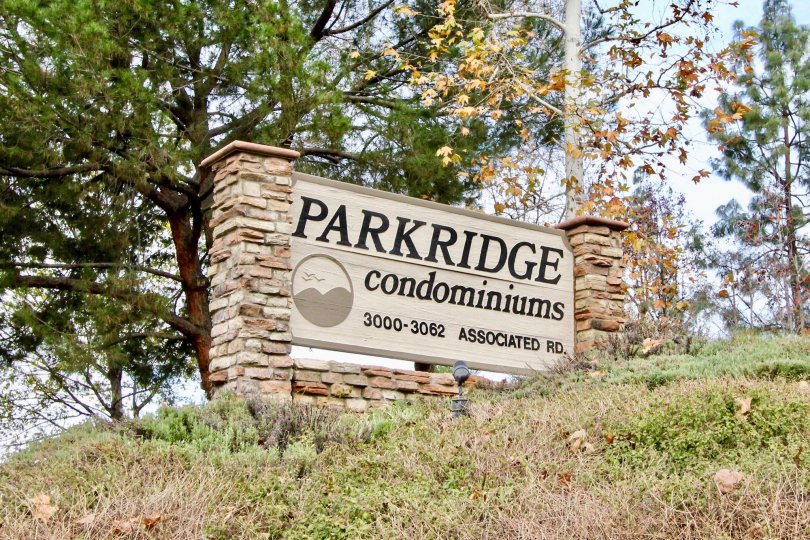 Park Ridge Fullerton California raw rock place having stone name board with color tall trees at back
