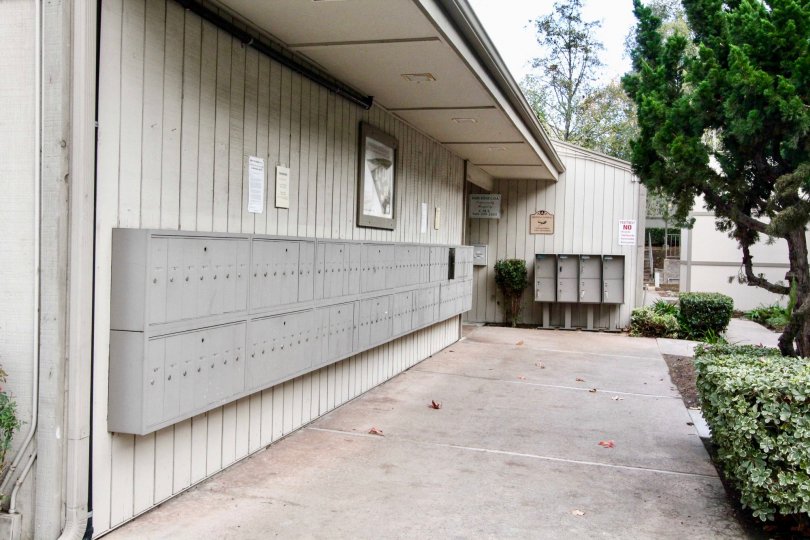 Mailboxes of the Park Ridge community with bushes and trees.
