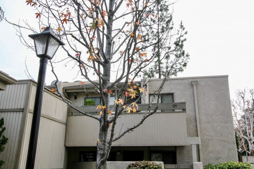 Light post in front of balcony at Park Ridge Fullerton CA