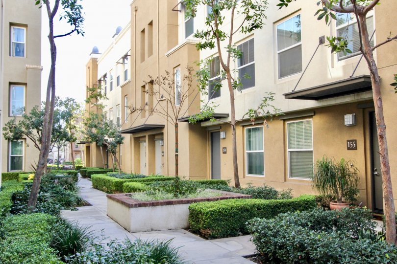 The sunny day in the Soco Walk with villas and gardens.