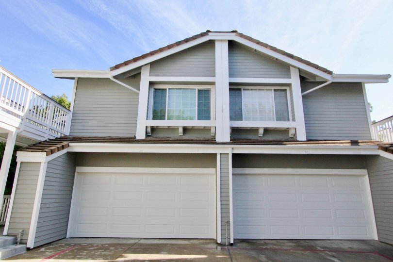 A two-story duplex with outer balconies at Greenbrier Terraces, in Garden Grove, California.