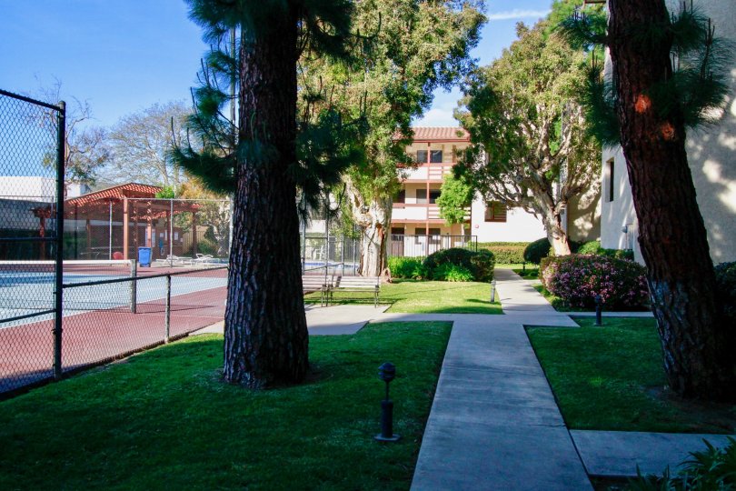 Community tennis courts and walkway in the Newman Terrace community located in Huntington Beach, CA