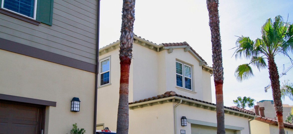 The Waterfront homes with palm trees and garage on a sunny day.