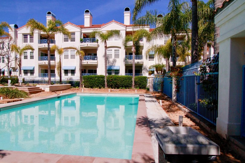 Townsquare Condos pool with a fence and bushes on a sunny day.